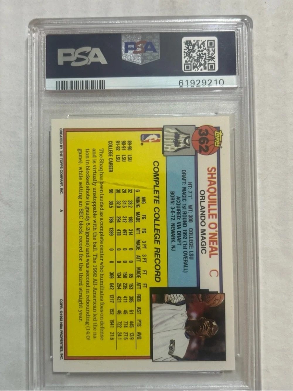 1992-93 Topps Shaquille O'Neal #362 PSA 5 Rookie RC HOF - Picture 2 of 2